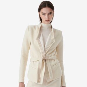 IRO AWA Double Breasted Leather Trim Belted Jacket in Ecru